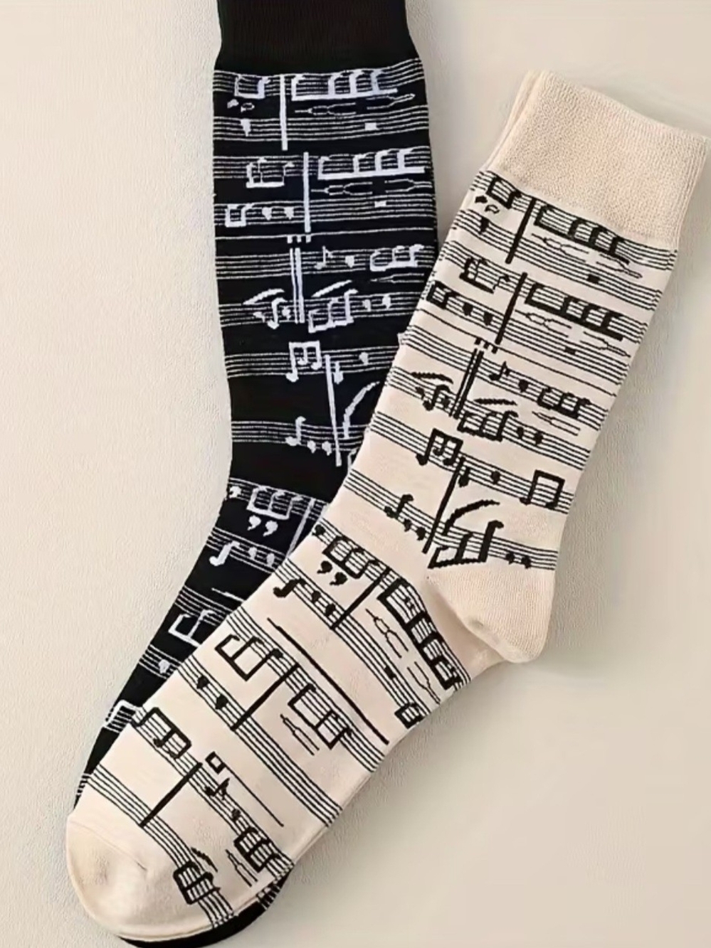 Music Note Crew Socks - Black & Cream